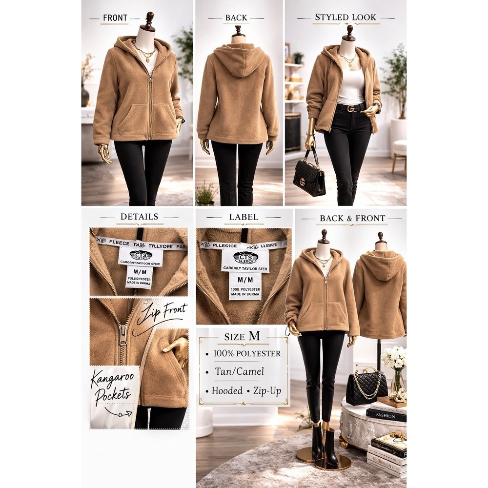 Carolyn Taylor Sport Fleece Jacket Womens M Beige Tan Full Zip Soft Cozy Hooded